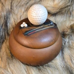 VTG Dezine Golf Trinket Box Brown Resin Lidded Round Hand Painted 1999 9670 USA